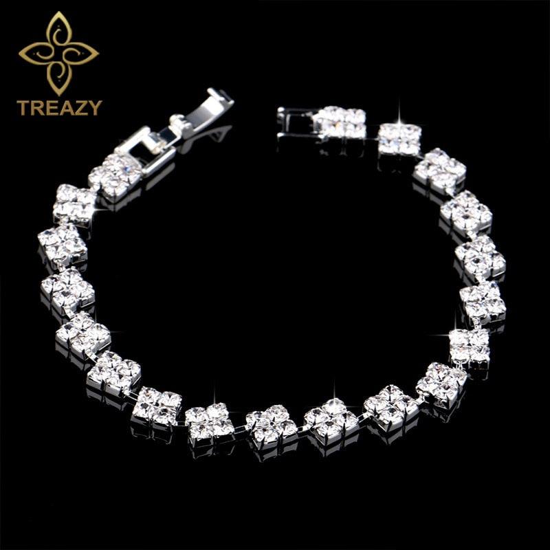 Women Sparkling Silver Plated Crystal Bracelets Ladies Shiny Squares Bracelets & Bangles Bridal Wedding Accessories Jewelry