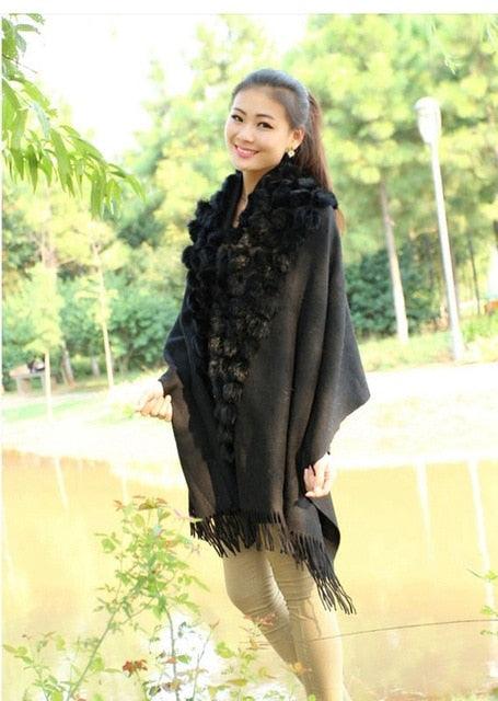 Genuine sheep fur shawl winter scarf genuine rabbit fur with pompom thick long luxury wrap cape