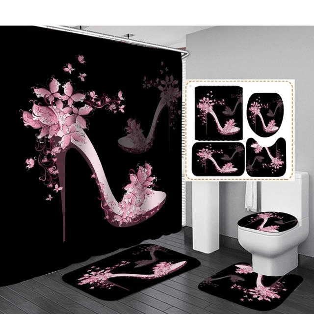 Bathroom Curtain Set Red Lips Pink High Heel Bath Mat Sets Shower Curtains with Hooks Black Non-Slip Pedestal Rug Toilet Cover