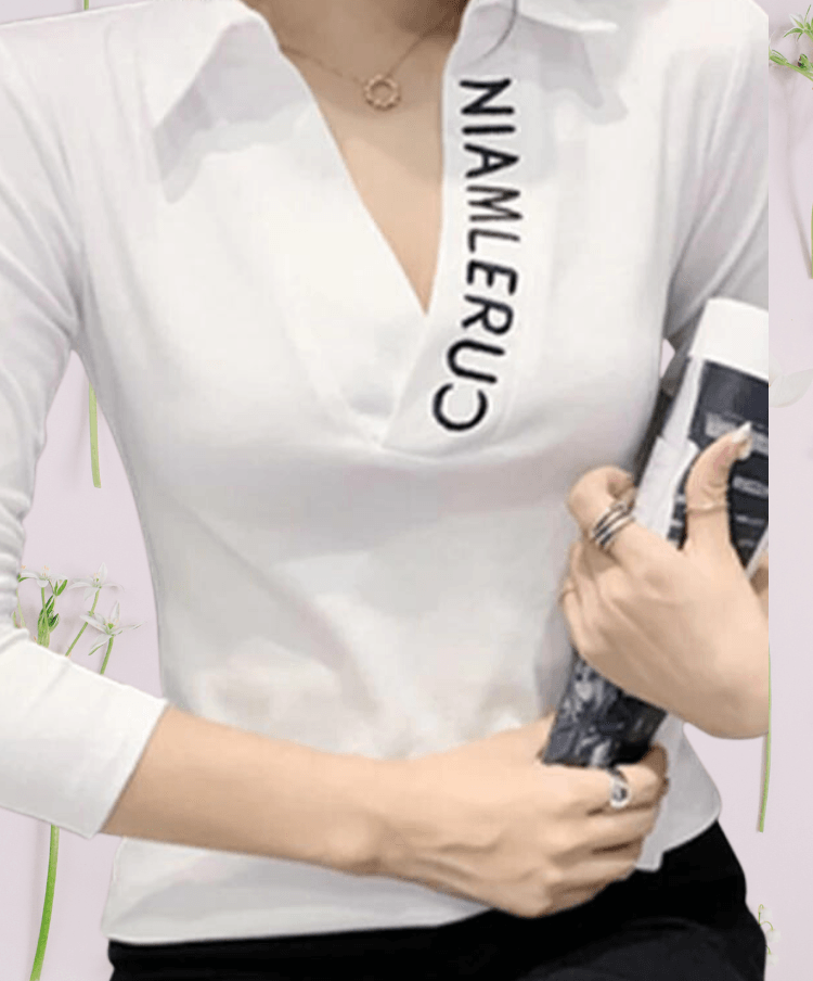 New Cotton V-Neck Long Sleeves T-shirt Letter Embroidery Slim Fit Thin Bottoming Shirts Tees