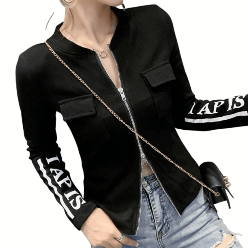 Fall 2022 New Cotton Tops Sexy Chic Pockets Zipper Pullover Print Letter Women Short Jacket