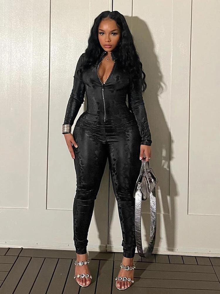 "Stylish Snakeskin Jumpsuit Fitness Outfit: T-BOO Women&