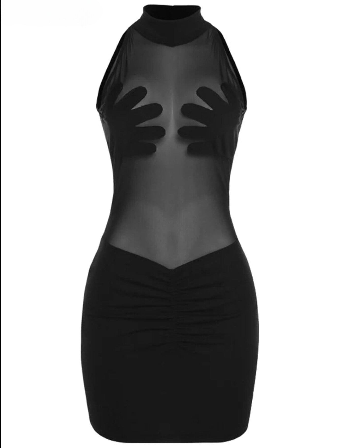 &quot;T-BOO Women Handprint Mesh Dress: Round Neck Sexy Patchwork Sleeveless Bodycon Stretchy Skinny Midnight Party Clubwear&quot;