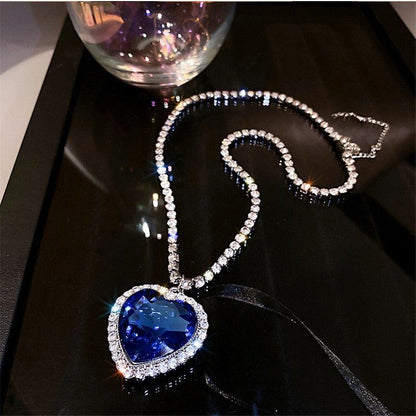 Stunning Blue Crystal Heart Shaped Pendant with Rhinestone Diamonds- Make a Statement with Our Exquisite Diamond Necklace