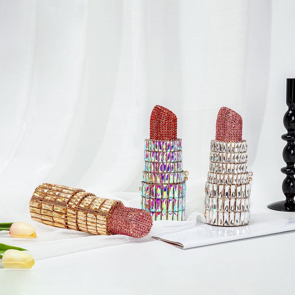 T-BOO Lipstick Clutch Bag Luxury Crystal Evening Purses  Designer Top Quality Metal Rhinestone Handbags
