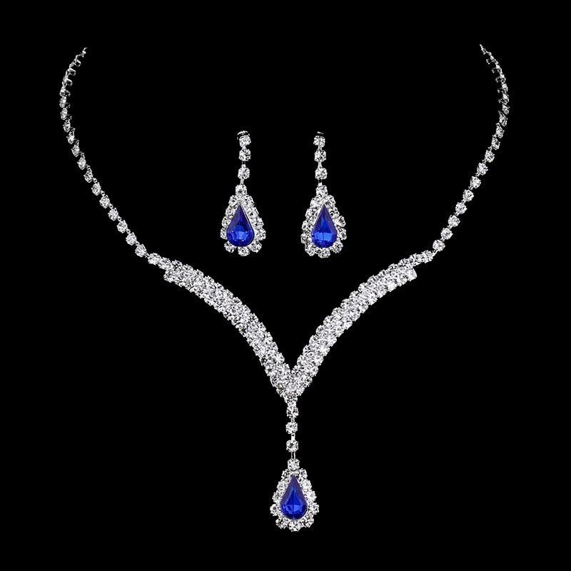 Royal Blue Crystal Jewelry Sets Silver Plated Rhinestone Necklace Earrings Set Bridal Jewelry Sets for Prom Wedding