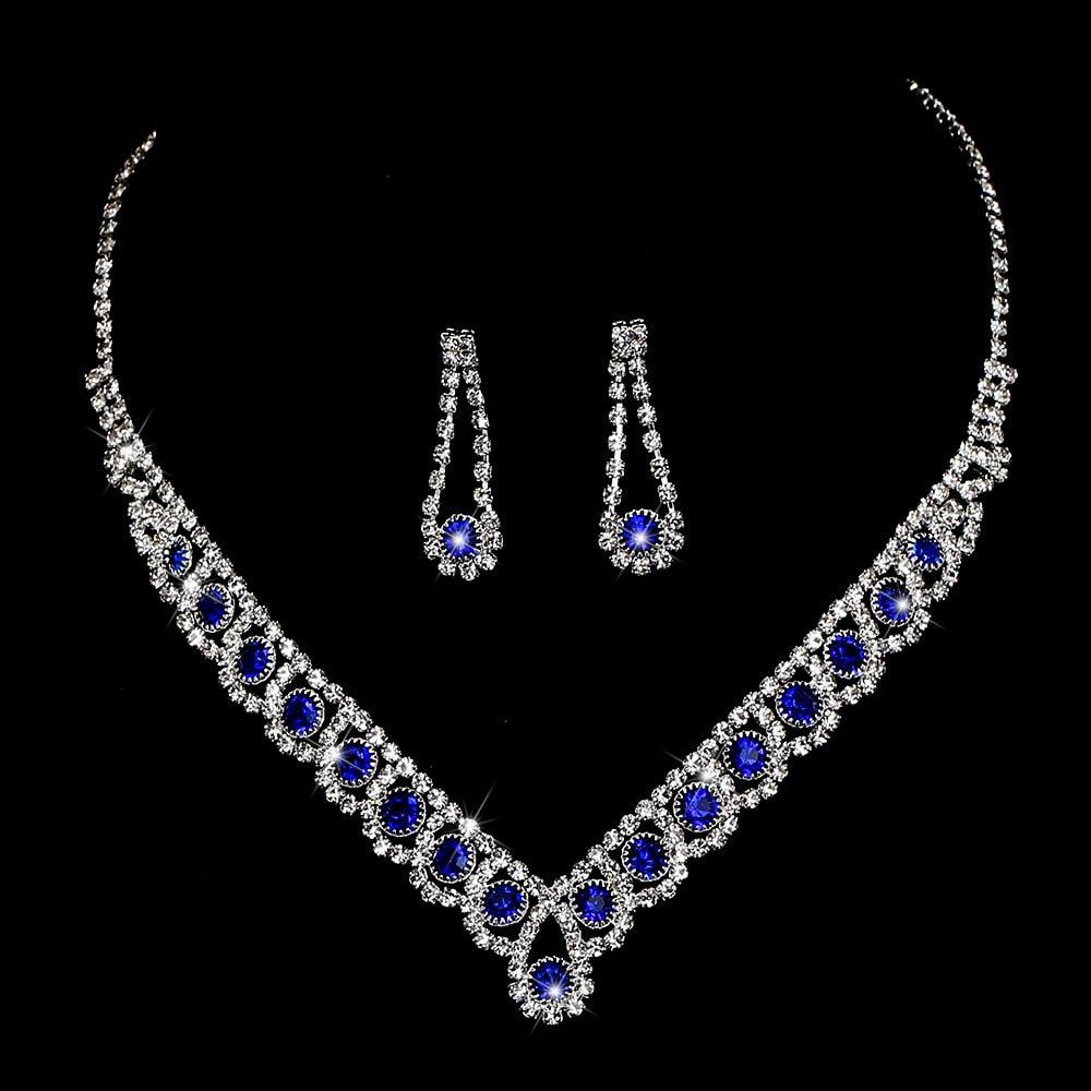Royal Blue Crystal Jewelry Sets Silver Plated Rhinestone Necklace Earrings Set Bridal Jewelry Sets for Prom Wedding