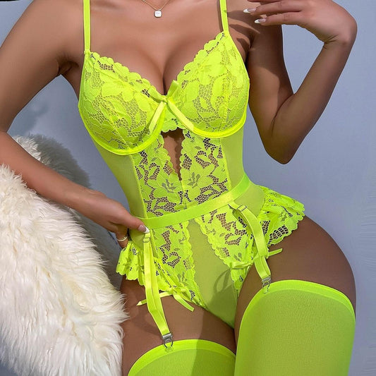 T-BOO Sexy Lace Lingerie Bodysuit with Stocking Tight Fitting Woman Lingerie Outfit Cut Out Top