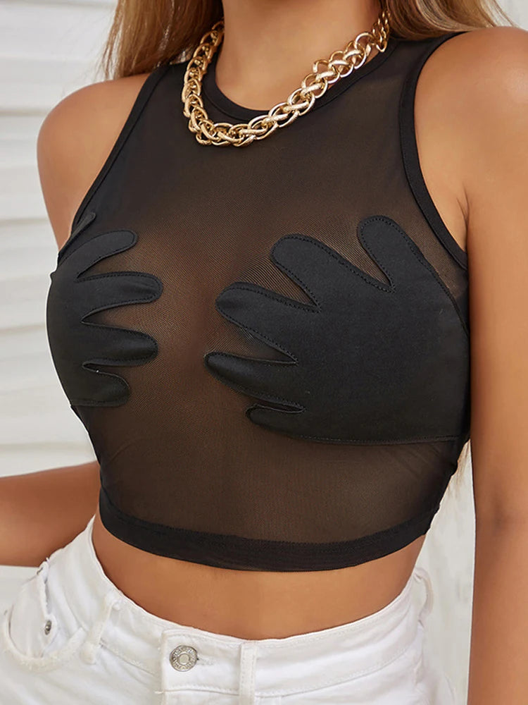 "T-BOO Women Handprint Mesh Dress: Round Neck Sexy Patchwork Sleeveless Bodycon Stretchy Skinny Midnight Party Clubwear"