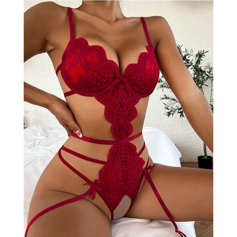 Sexy Lingerie Elegant Hot Pink Push Up Bra Garter One piece Lace Bodysuit Backless Straps