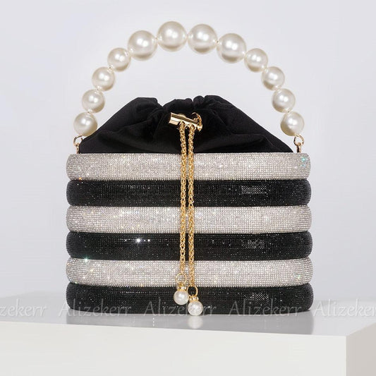 T-BOO Sparkly Crystal Evening Clutch Bags  Shiny Handbag with Pearl Handle Elegant Rhinestone Purse And Handbags for Bridal Wedding Party