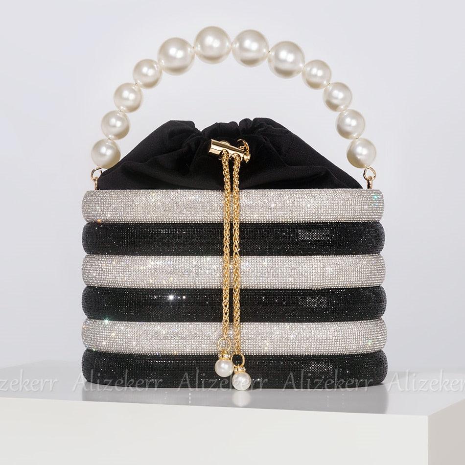 T-BOO Sparkly Crystal Evening Clutch Bags Shiny Handbag with Pearl Handle Elegant Rhinestone Purse And Handbags for Bridal Wedding Party