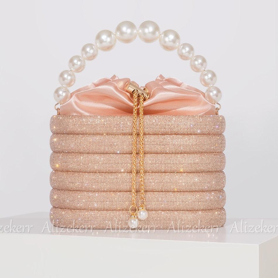 T-BOO Sparkly Crystal Evening Clutch Bags  Shiny Handbag with Pearl Handle Elegant Rhinestone Purse And Handbags for Bridal Wedding Party