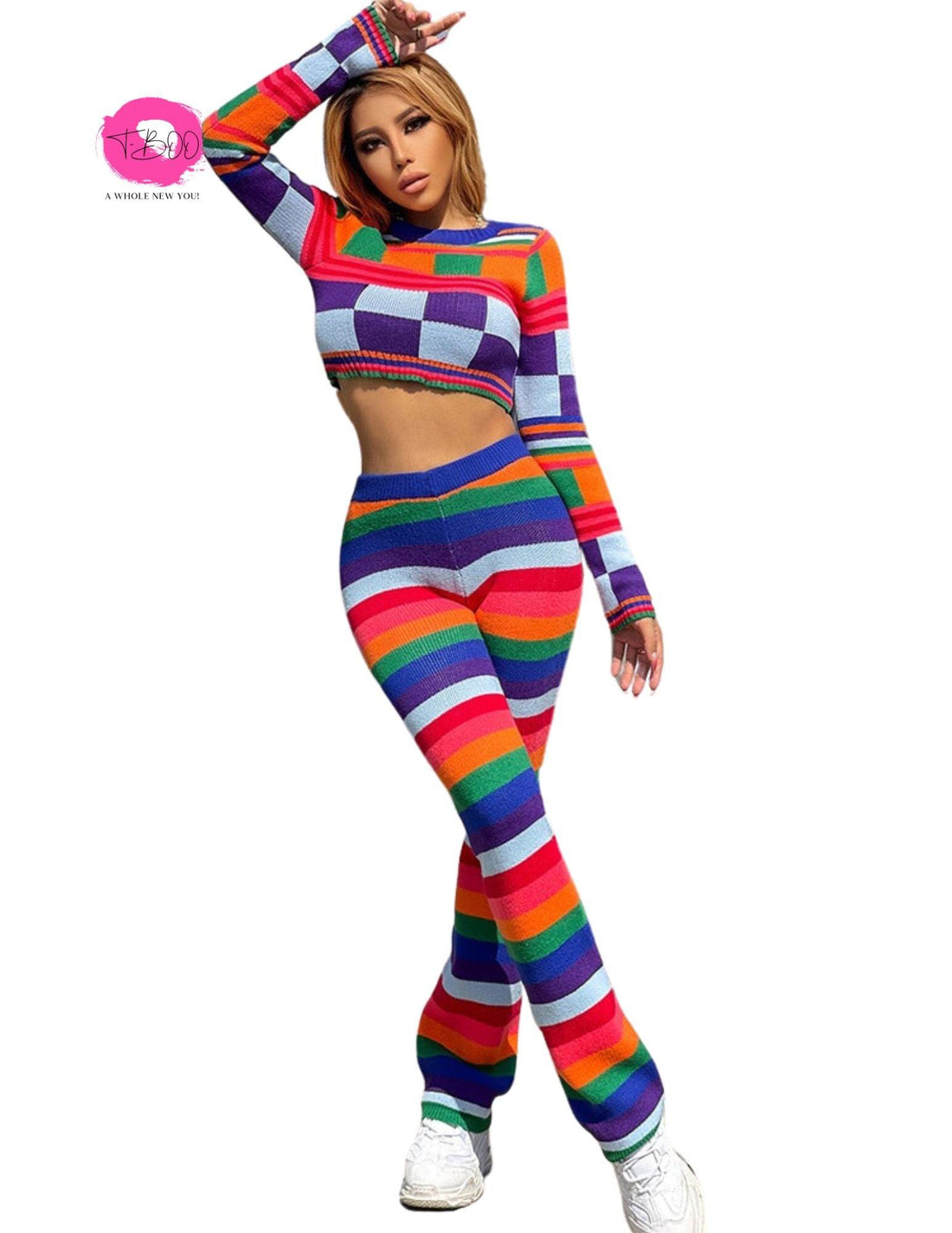 T-BOO Women 2 Piece Set Knit Fashion Tracksuit Colorful Thick Full Sleeve Crop Top+Straight Pants Matching Streetwear Outfits