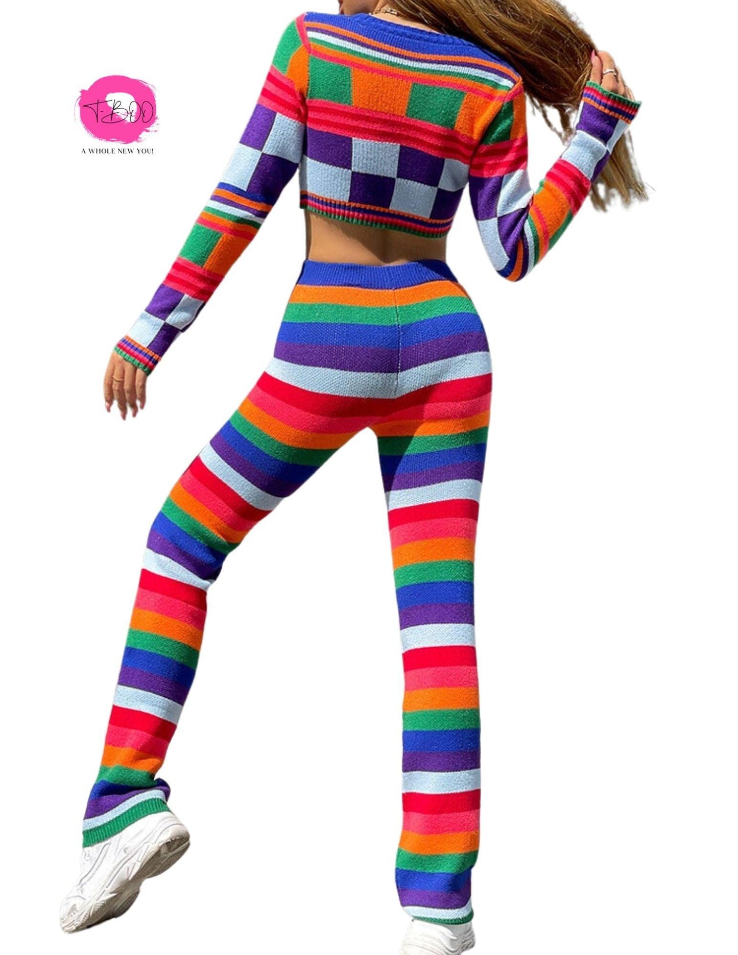 T-BOO Women 2 Piece Set Knit Fashion Tracksuit Colorful Thick Full Sleeve Crop Top+Straight Pants Matching Streetwear Outfits