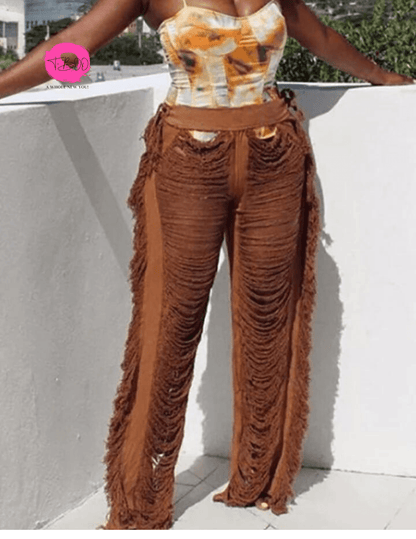 T-BOO  Women Ripped Side Tassel Straight Pants Sexy Party Hipster Skinny Pants High Waist Street Trousers