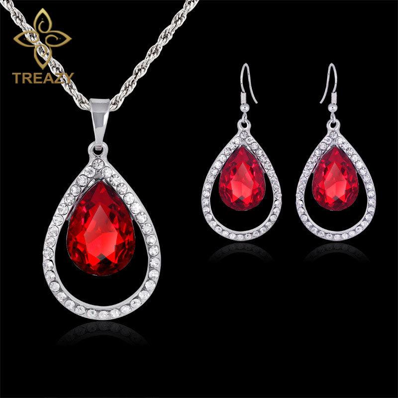 Women Red Crystal Bridal Jewelry Sets Water Drop Shape Pendant Necklace Earrings Set Wedding Accessories