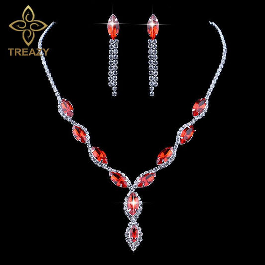 Luxury Elegant Bridal Jewelry Sets Crystal Necklace and Earrings Red Color Set for Women Wedding Club Party Accessories Gift