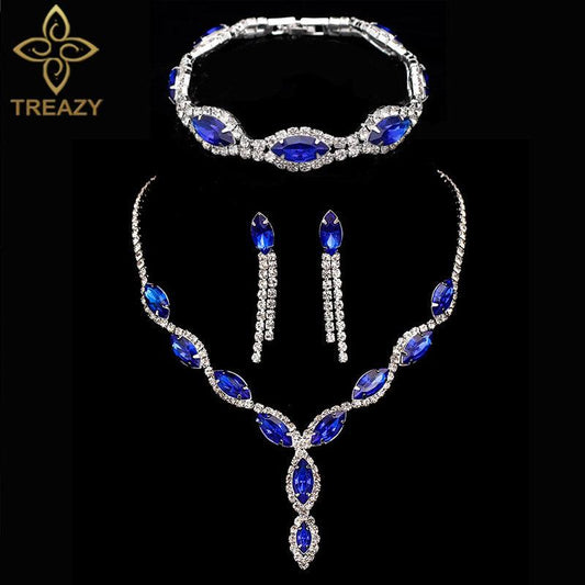 Women Charming 3 pcs Jewelry Sets Royal Blue Crystal Rhinestone Long Tassel Necklace Earrings and Bracelet Bridal Jewelry Sets