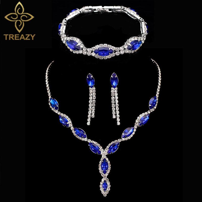 Women Charming 3 pcs Jewelry Sets Royal Blue Crystal Rhinestone Long Tassel Necklace Earrings and Bracelet Bridal Jewelry Sets
