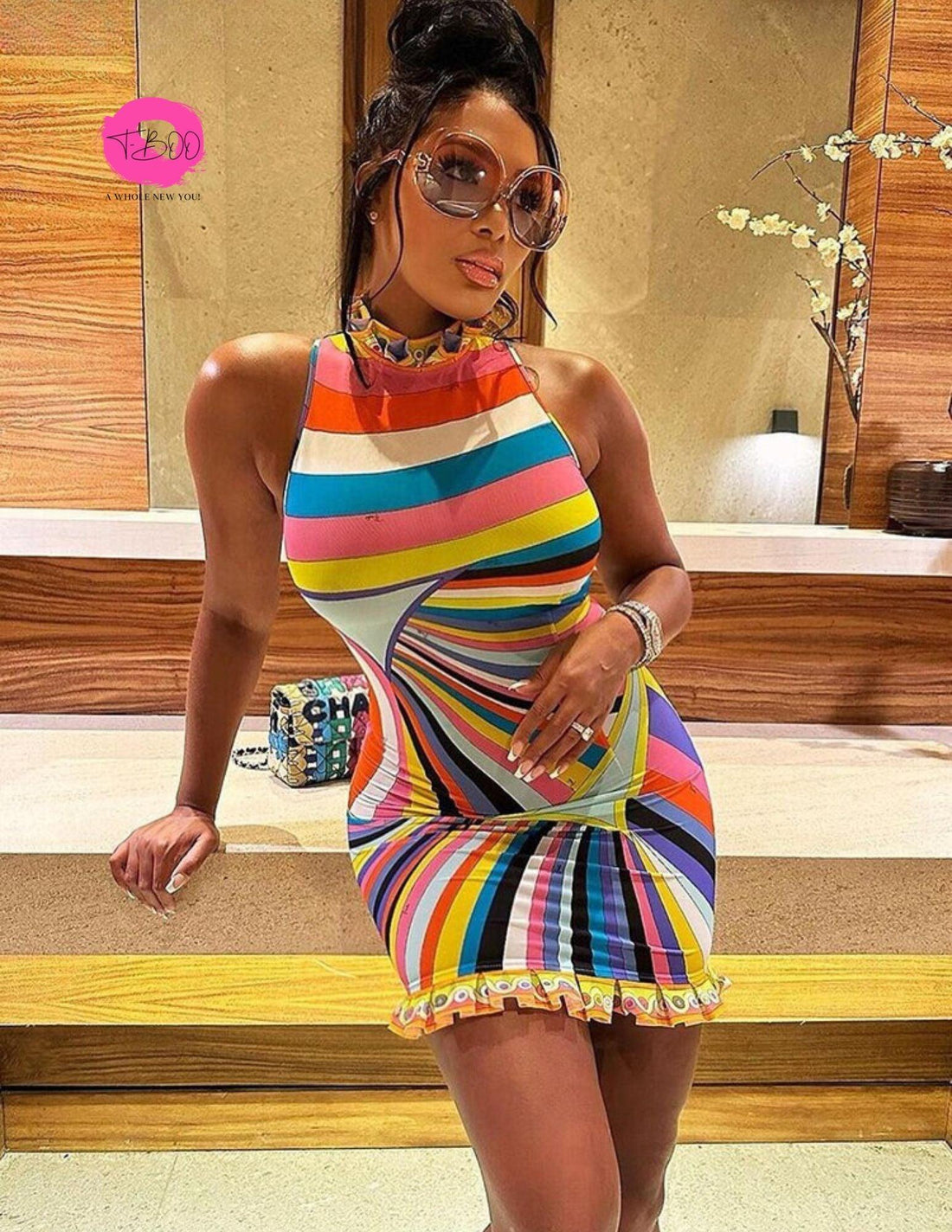 T-BOO Women Sundress Summer Colorful Print Sleeveless Turtleneck Slim Elastic Trend Chic Bodycon Birthday Party Streetwear