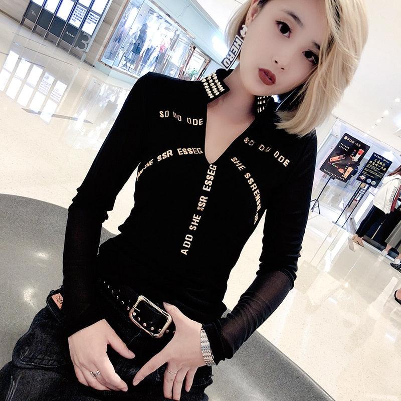 2022 Sexy  Women Long Sleeve Mesh T-shirt Embroidery Letter Top Camiseta Mujer