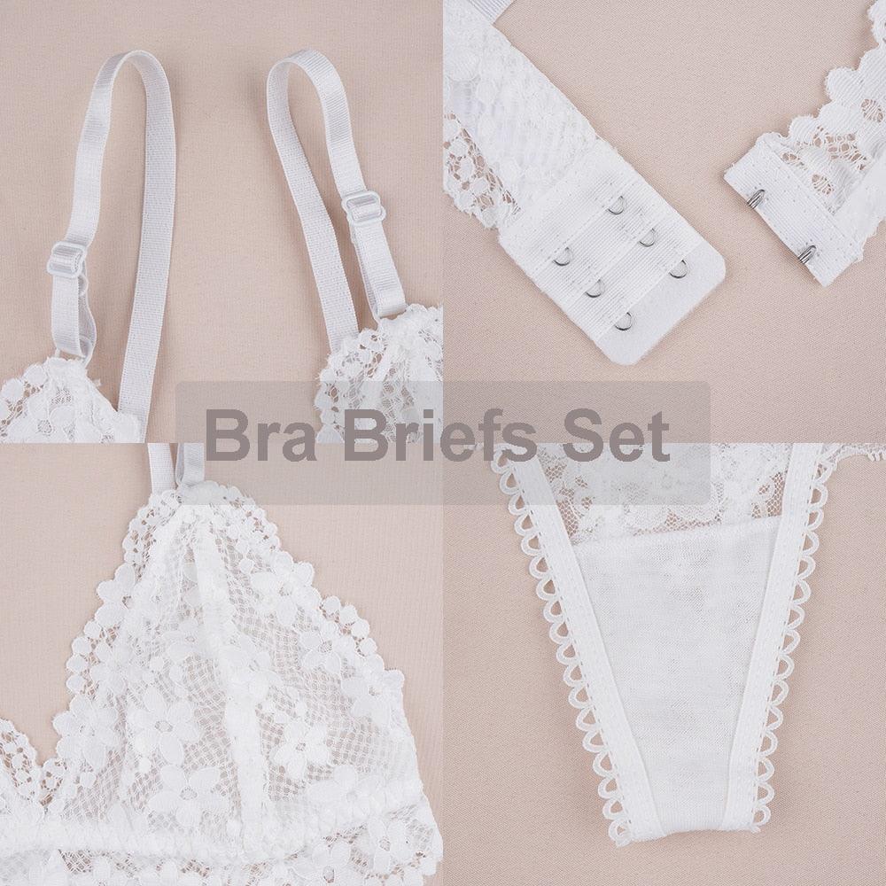 T-BOO Women Lace Bra and Briefs Set Sexy Wire Free Lingerie Hollow Out G-String Bra Set Transparent Seamless Intimate Underwear Set
