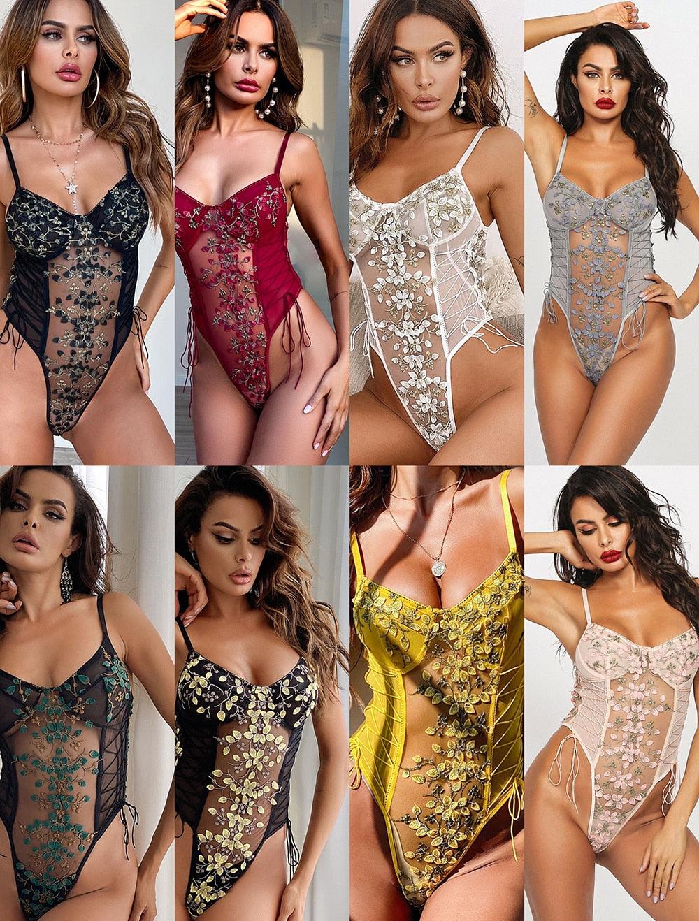 T-BOO Women Bodysuit Floral Embroidery Lace Up Bandage Bodysuits Sexy Sleeveless Bodycon Transparent Mesh Lingerie