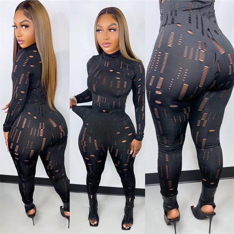 Two Piece Set Stretchy Long Sleeve Holes Black Turtleneck Top Pencil Pants