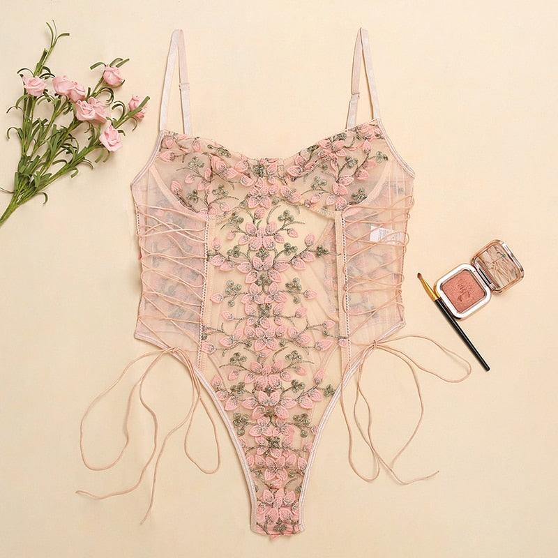 T-BOO Women Bodysuit Floral Embroidery Lace Up Bandage Bodysuits Sexy Sleeveless Bodycon Transparent Mesh Lingerie