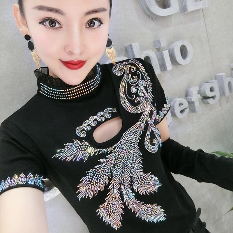 New Women Sexy Cotton European T-Shirt Elegant Shiny Diamonds Style Hollow Out Women Tops Short Sleeve Tees