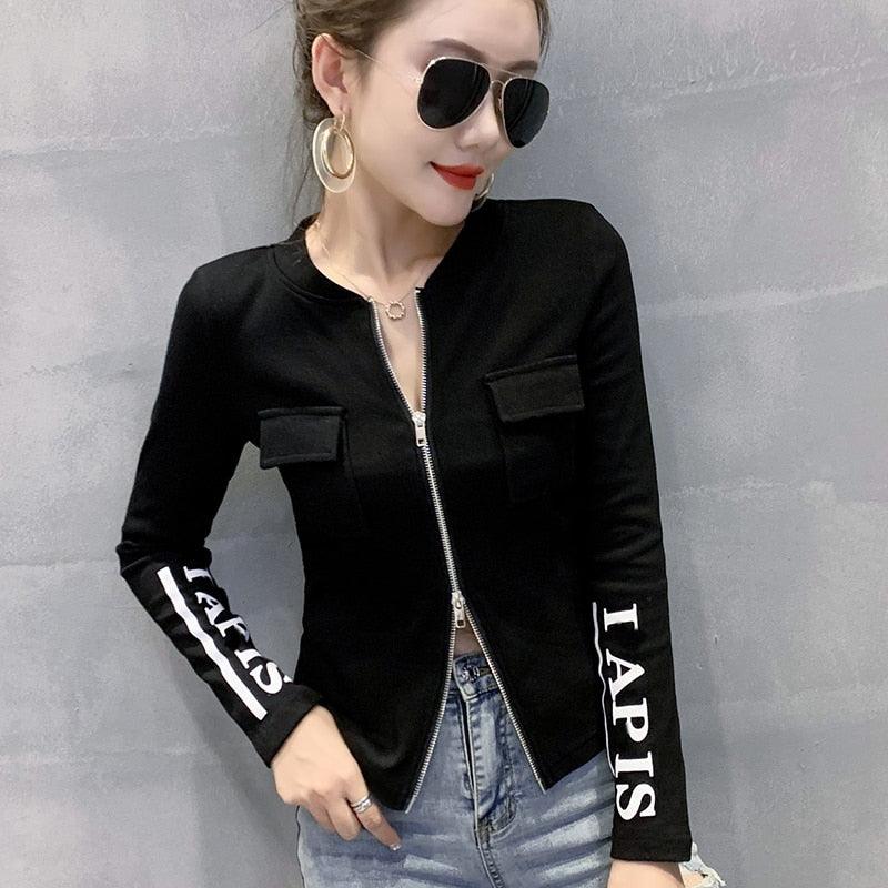 Fall 2022 New Cotton Tops Sexy Chic Pockets Zipper Pullover Print Letter Women Short Jacket