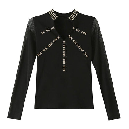 2022 Sexy  Women Long Sleeve Mesh T-shirt Embroidery Letter Top Camiseta Mujer