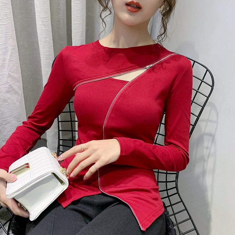 Women Long Sleeve Shirt Sexy Cut-out Shirt Elegant Hollow Out Formal wear Tops with Zipper