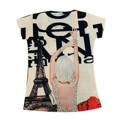 Women Fashion T-Shirt Print Eiffel Tower Girl New Hot  Elegant Tops Short Sleeve Shirt Street Tees 2021
