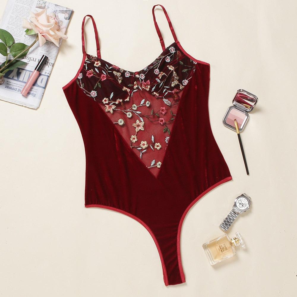 T-BOO Women Velvet Bodysuit Luxury Floral Embroidery Onepiece Lace Patchwork Bodys Sexy Bodysuit