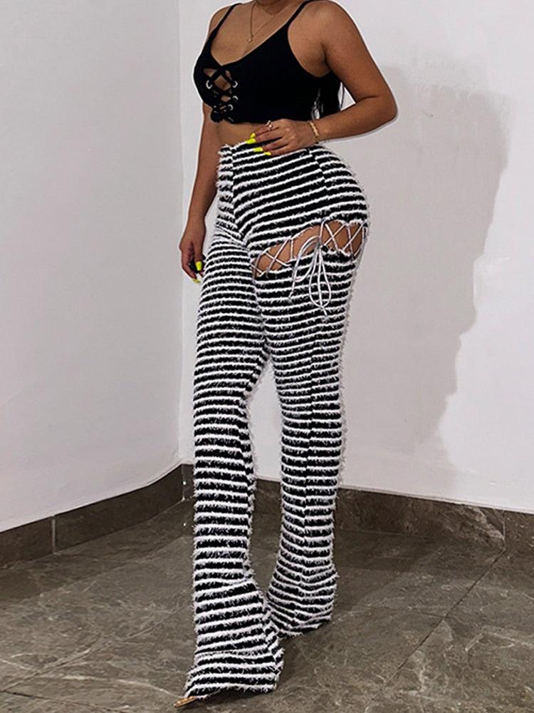 Black and White Fuzzy Striped Women Pants Stretchy Irregular Dismantle Trousers Chic Hipster Wild Casual Skinny Elastic Bottoms Trend