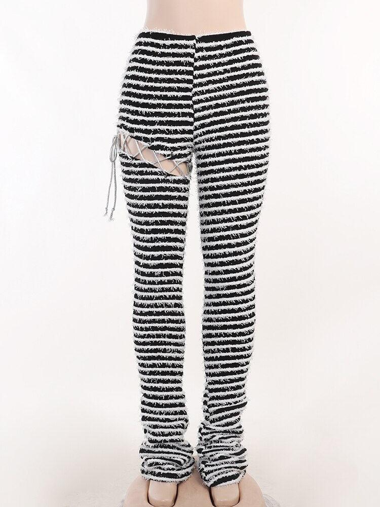 Black and White Fuzzy Striped Women Pants Stretchy Irregular Dismantle Trousers Chic Hipster Wild Casual Skinny Elastic Bottoms Trend