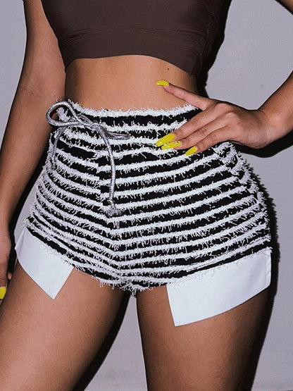 T-BOO Side Split Shorts Women Fuzzy Zebra Print Shorts Skinny Lace Up 2023 Fashion  Casual Streetwear Bottoms  Elastic