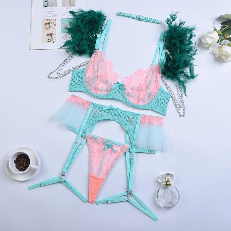 T-BOO Women 4-Piece Luxury Lingerie Feather Lace Underwear Transparent Tulle Bra Garter Set Sensual Intimate