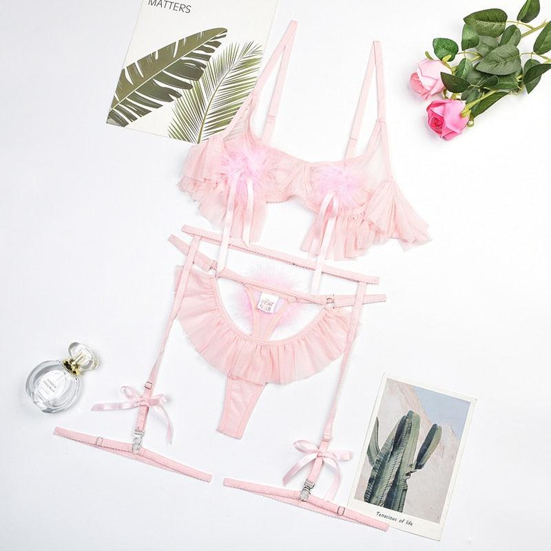 T-BOO Sexy Lingerie Woman 3 Pieces Set Pink Ruffle Feather Bra Hollow Thongs Outfits Seamless Set  Fairy Intimate