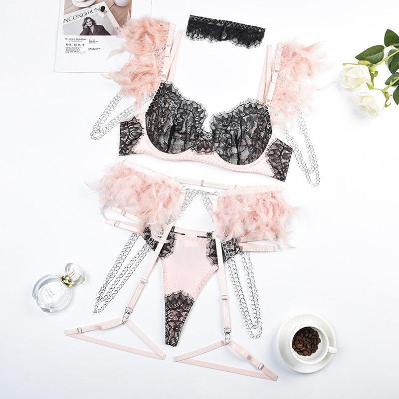 T-BOO Lingerie For Women Feather Underwear Tulle Bra With Chain See Through Lace Garter Outfits