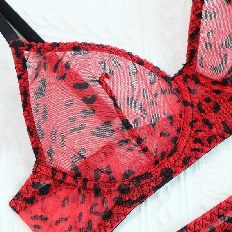 T-BOO 4-Pieces Lingerie For Women Leopard Lace Set Of Underwear With Stockings Erotic Thongs and Garter Fancy Matching Outfit