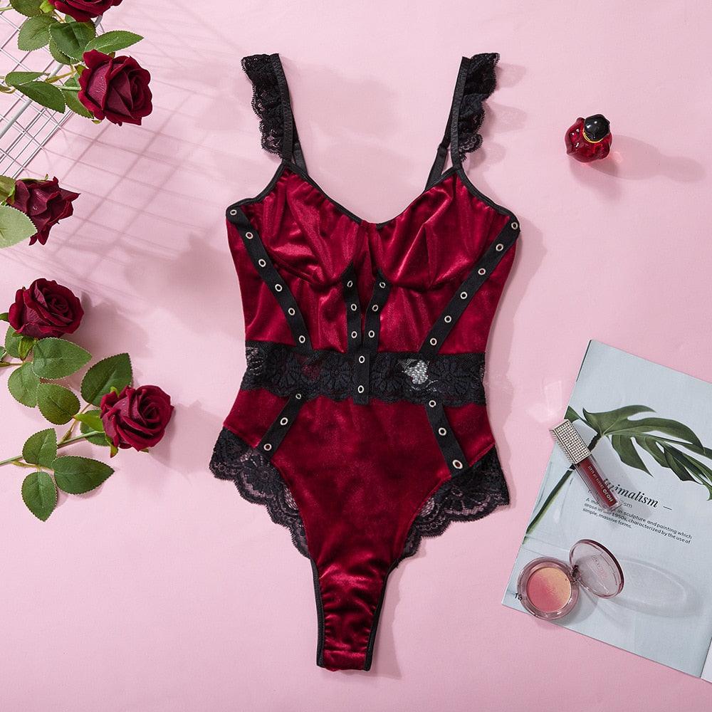 T-BOO Women Velvet Bodysuit Luxury Lace Patchwork One-Piece Crotchless Teddy Bodycon