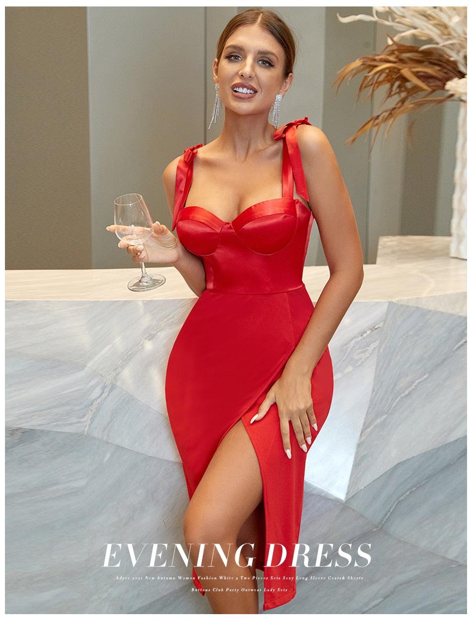 T-BOO Evening Dress For Women Fashion Elegant Sexy Spaghetti Strap Sleeveless Bow Celebrity Night Club Party Satin Dress