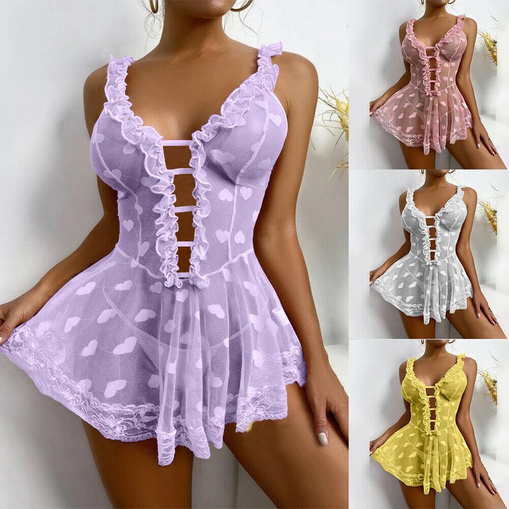 T-BOO Sexy Lingerie Lace Babydoll Women Nightdress Sleepwear Dress Without Underwear