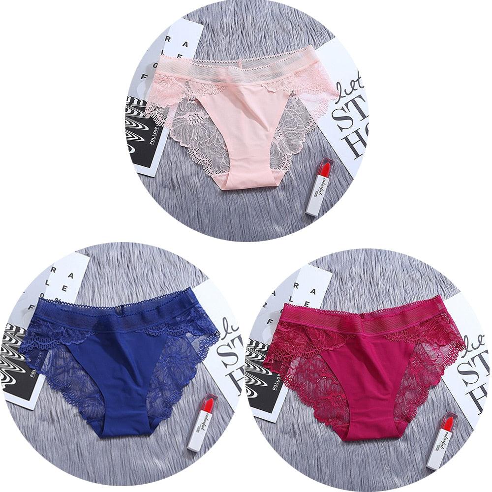 T-BOO Women 3Pcs/Lot Lace Panties Sets Transparent Briefs Ice Silk Seamless Underwear  Mid-Rise Lady Panty Woman Lingerie