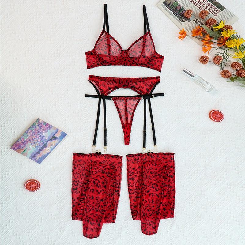 T-BOO 4-Pieces Lingerie For Women Leopard Lace Set Of Underwear With Stockings Erotic Thongs and Garter Fancy Matching Outfit