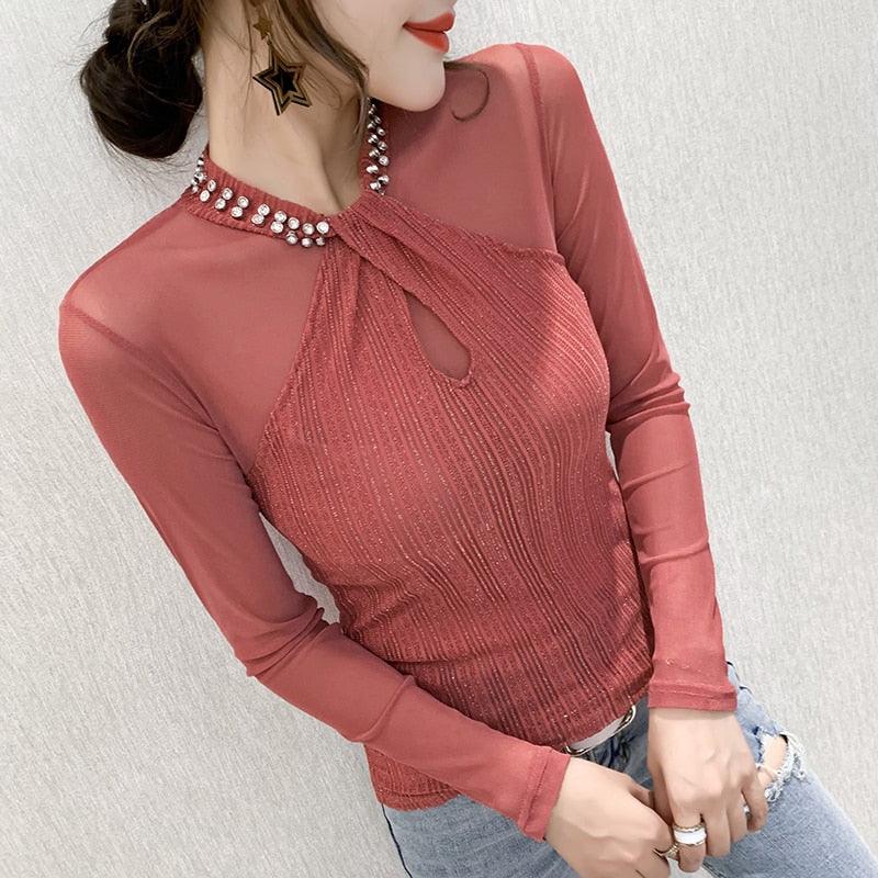 T-BOO 2022 Fashion Women Long Sleeve T-shirts Sexy Mesh tops Beaded Solid Color Woman tshirts Plus Size blusas