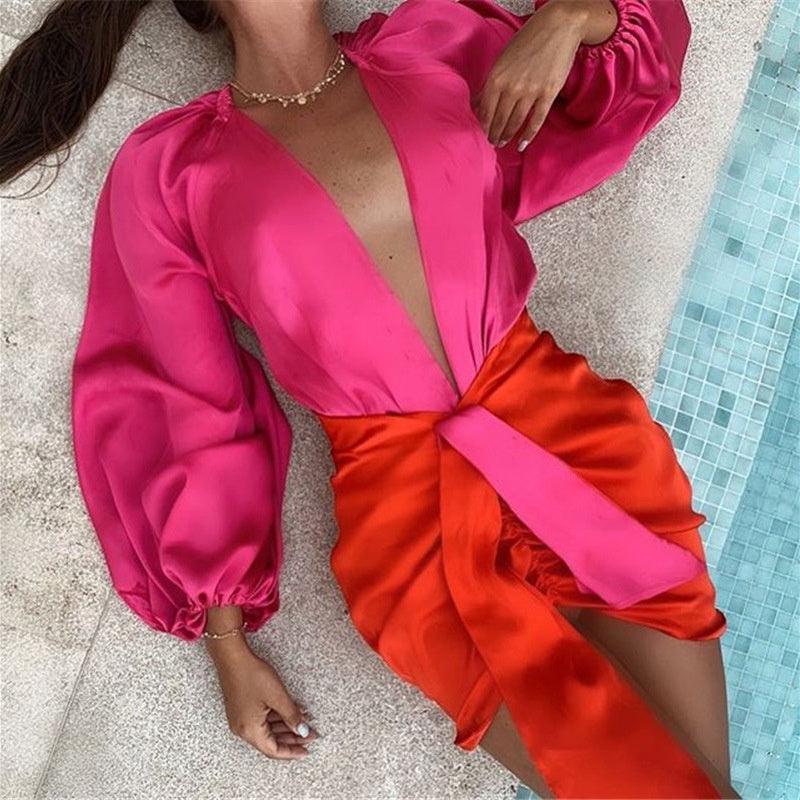 T-BOO Women 2 Piece Satin Sets Long V-neck Long Sleeve Body Tops And Ruched Skirts Set 2022 Femme Partywear Mini Summer Outfits